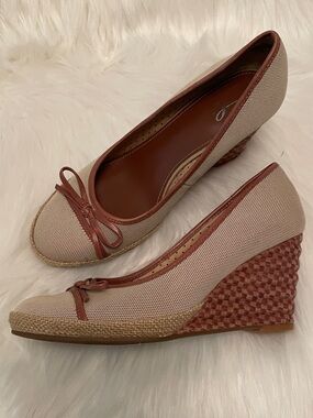 Easy Spirit - Beige Canvas Espadrille Wedge with Brown Trim - 7